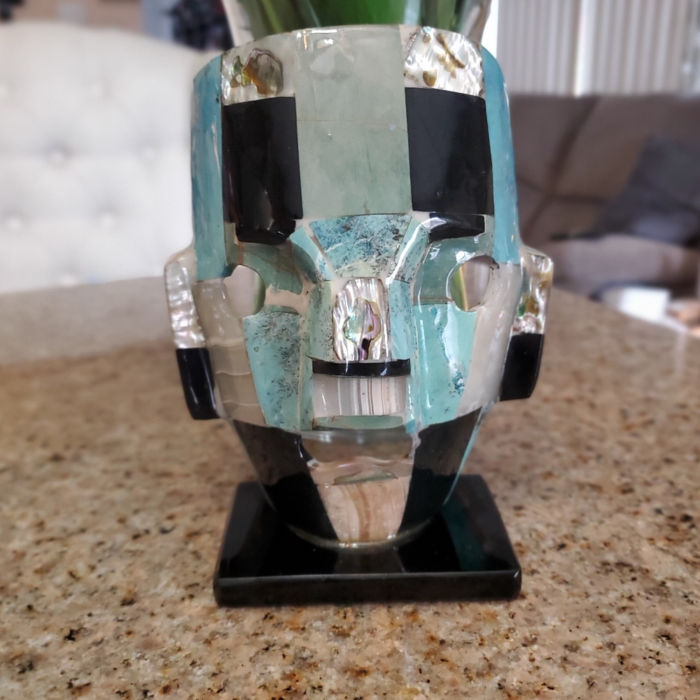 Abalone Aztec Maya Mosaic Burial Mask on black stand , 6" High